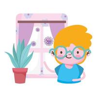 Boy plant window and outside Covid 19 virus vector design