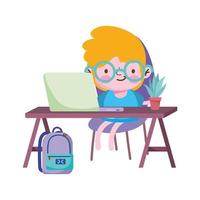 Boy kid laptop and plant on desk vector design