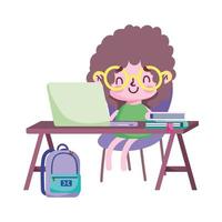 Girl kid with laptop books and bag on desk vector design