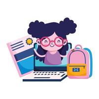 Girl kid with laptop diplom and bag vector design