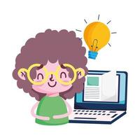 Girl kid with laptop book and light bulb vector design