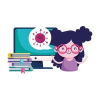 Libros para niñas y computadora con diseño vectorial de virus covid 19 vector