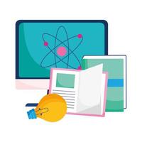 Computadora aislada átomo bombilla y libros diseño vectorial vector