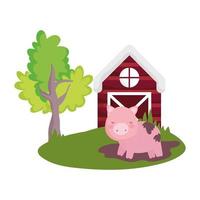 pig in mud grass farm barn tree animal isolated icon on white background vector