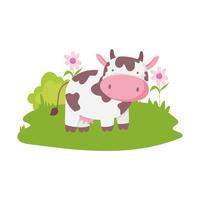 vacas, flores, pasto o césped, animal de granja, caricatura, aislado, icono, blanco, plano de fondo vector