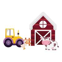 animales de granja granero tractor vaca y ganso dibujos animados vector