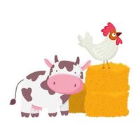 cow and rooster in stack of hay farm animal cartoon vector
