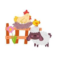 farm animals hen chicken nest in wooden fence and goat cartoon vector