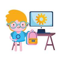 Boy kid lupe bag gear computer and desk vector design