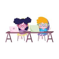 Girl and boy kid with laptops on desks vector design