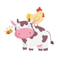 farm animals cow hen and flying bees cartoon vector