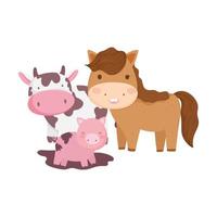 animales de granja, caballo, vaca y cerdo, en, barro, caricatura vector