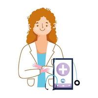 Mujer aislada médico y diseño vectorial de teléfono inteligente vector