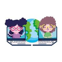 Girls kids with laptops and world vector design