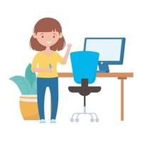 School girl with pen desk chair computer and plant vector design