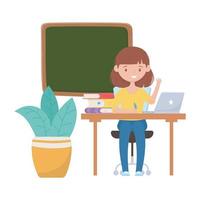 School girl with pen desk laptop board books and plant vector design