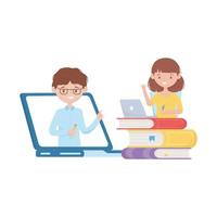 escuela, niña, niño, computadora portátil, y, libros, vector, diseño vector
