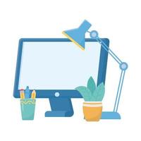 computadora escritorio lámpara planta y lápices taza vector diseño