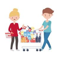 mujer y hombre, compras, con, carrito, cesta, y, productos, vector, diseño vector