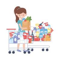 Woman shopping with cart bag and products vector design
