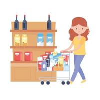 Woman shopping with cart shelf and products vector design