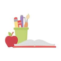 Libro escolar aislado manzana y lápices taza diseño vectorial vector