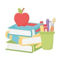 Libros escolares aislados lápices taza y diseño vectorial de manzana vector
