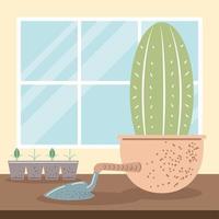 cactus en una olla y herramienta vector