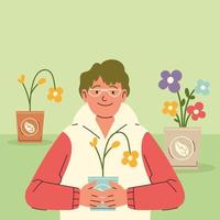 man caring a flowers in pot vector