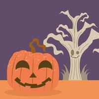 halloween pumpkin and tree vector