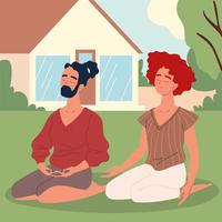 pareja practicando meditación vector