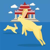 mid autumn rabbit and pagoda vector