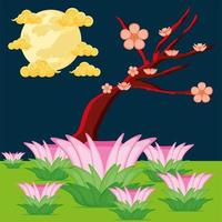 chinese tree flower and moon vector