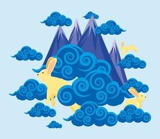 rabbits and chinese clouds vector