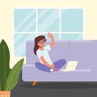 girl using laptop on sofa vector