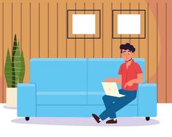 man with laptop sits sofa vector