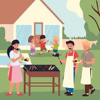 family cooking grilling meat vector