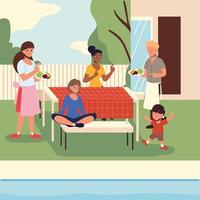 smiling family in the backyard vector