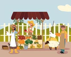 agricultores que venden alimentos orgánicos locales. vector