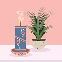 burning candle and houseplant vector