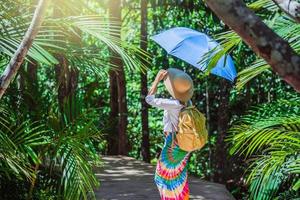 Asian women travel relax travel nature in the holiday. Nature Study in the forest. Girl happy walking smiling and enjoying travel through the mangrove forest. tha pom-klong-song-nam at krabi. summer photo