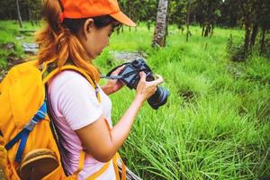 Asian woman travel nature. Travel relax. Photography Cucumber sessilis flower field. photo