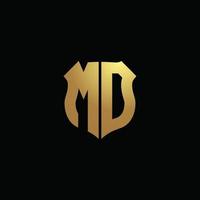 MD logo monogram with gold colors and shield shape design template vector