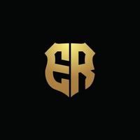 ER logo monogram with gold colors and shield shape design template vector