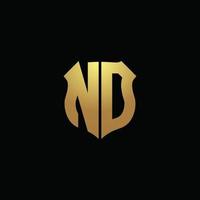 ND logo monogram with gold colors and shield shape design template vector