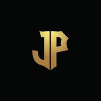 JP logo monogram with gold colors and shield shape design template vector