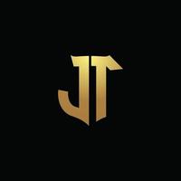 monograma del logotipo de jt con colores dorados y plantilla de diseño de forma de escudo vector