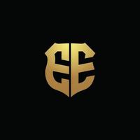 EE logo monogram with gold colors and shield shape design template vector