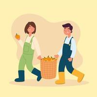 farmers holding basket of oranges vector