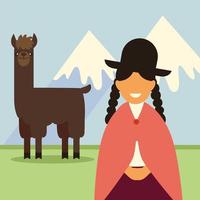 mujer boliviana y llama vector